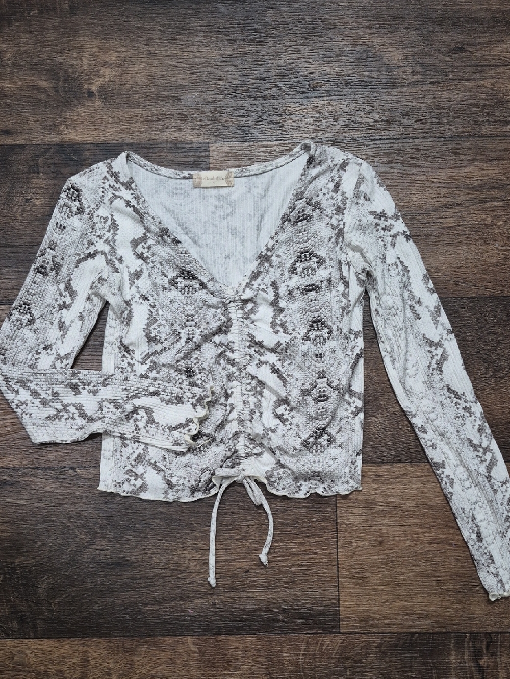 Altar'd State White and Brown Snake-Print Ruched Long Sleeve Top